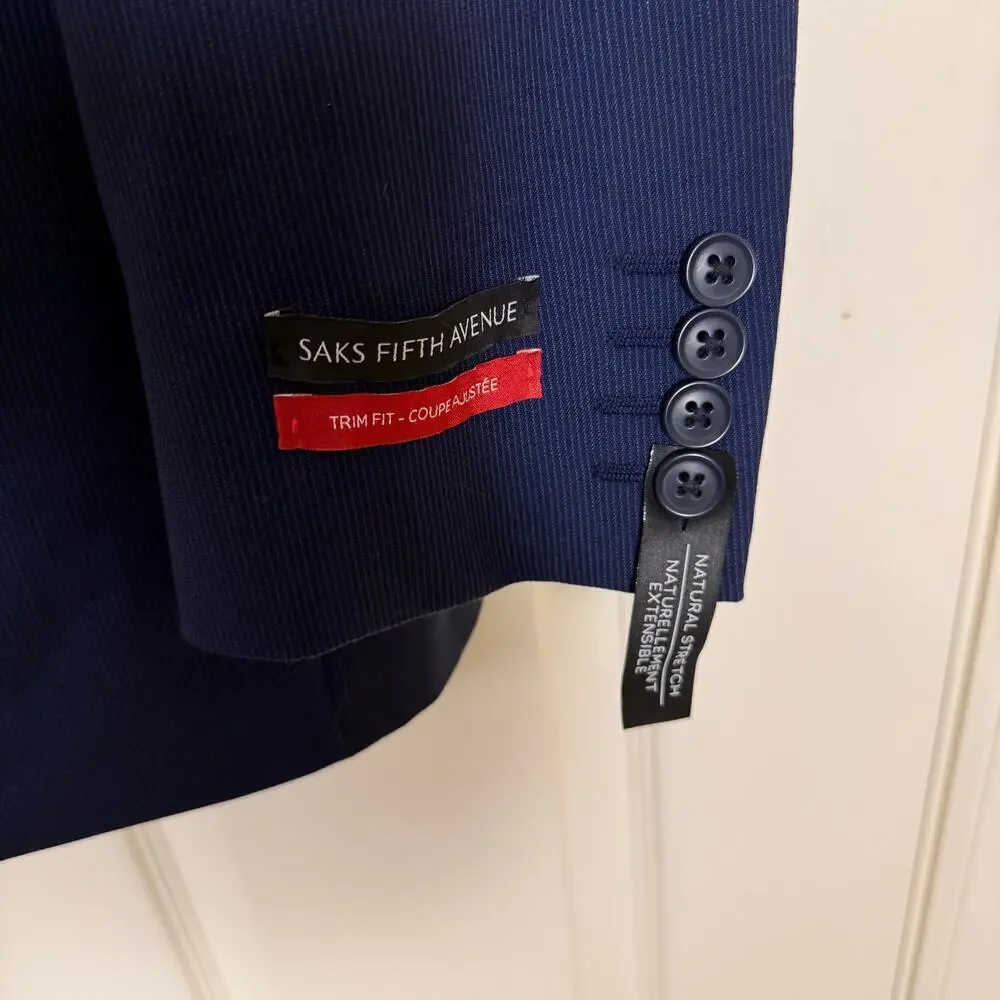 Saks Fifth Avenue Navy Wool Suit Subtle Stripe Tailored Fit 2-Piece 38R 31W NWT